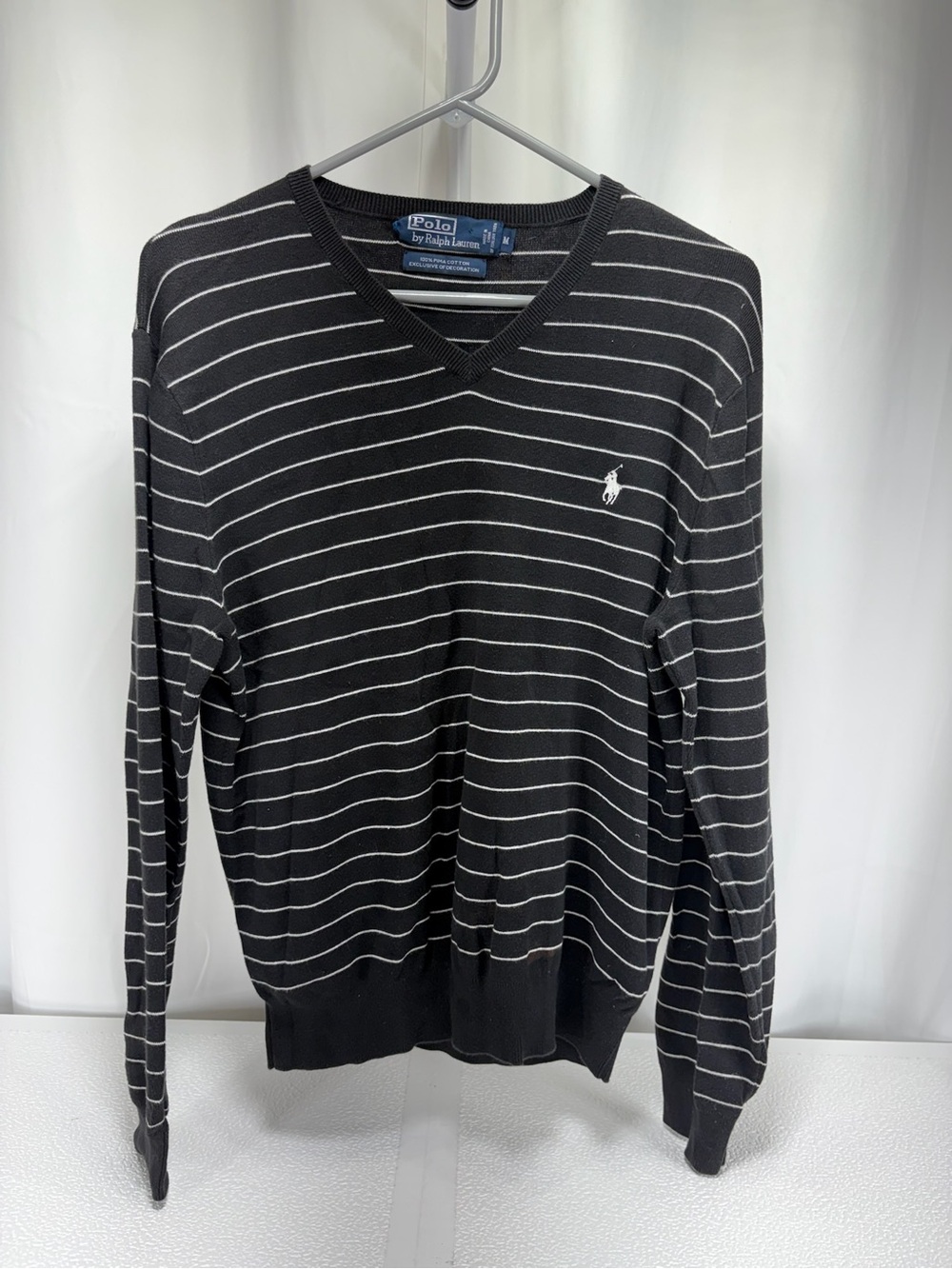 Ralph Lauren Black V-Neck Sweater with White Stripes 4695